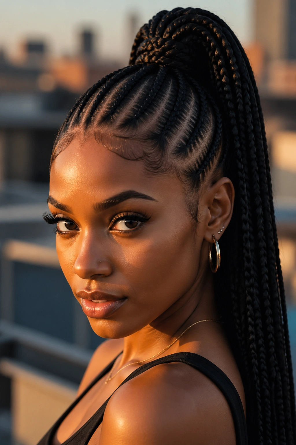 Real woman with Ghana cornrows ending in a high ponytail