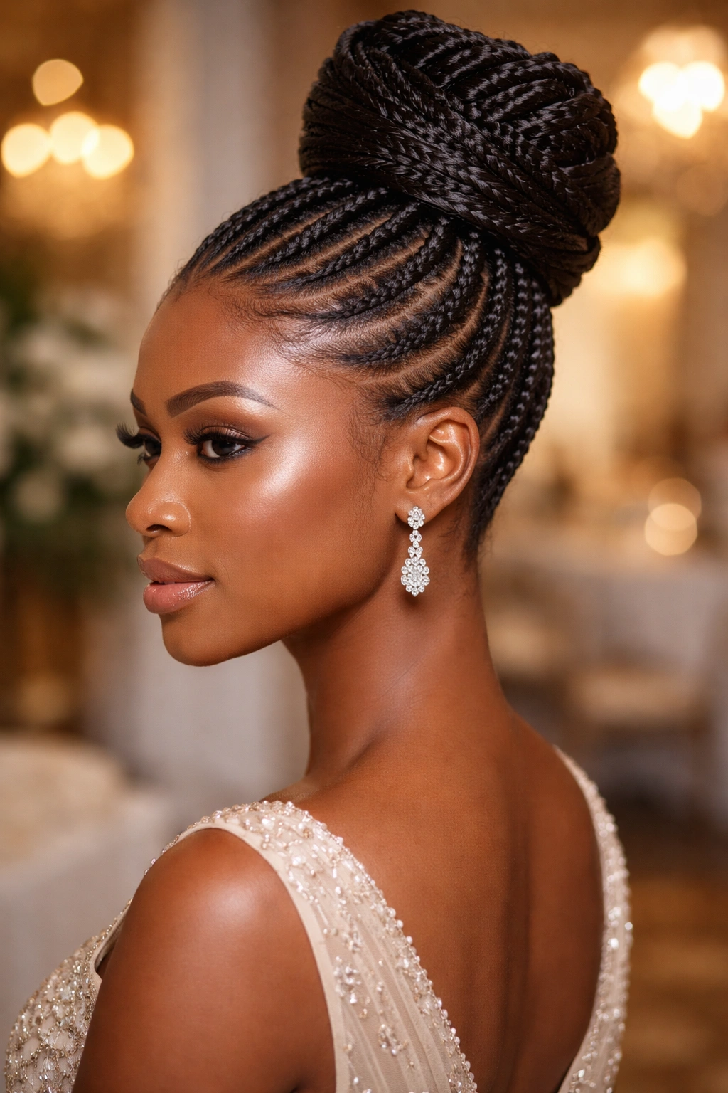 Ghana cornrows high updo close-up portrait