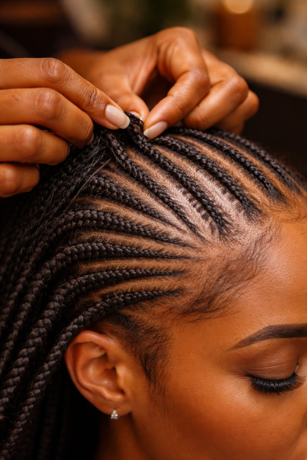 Close-up scalp during Ghana cornrows installation showing even tension and small feed-ins