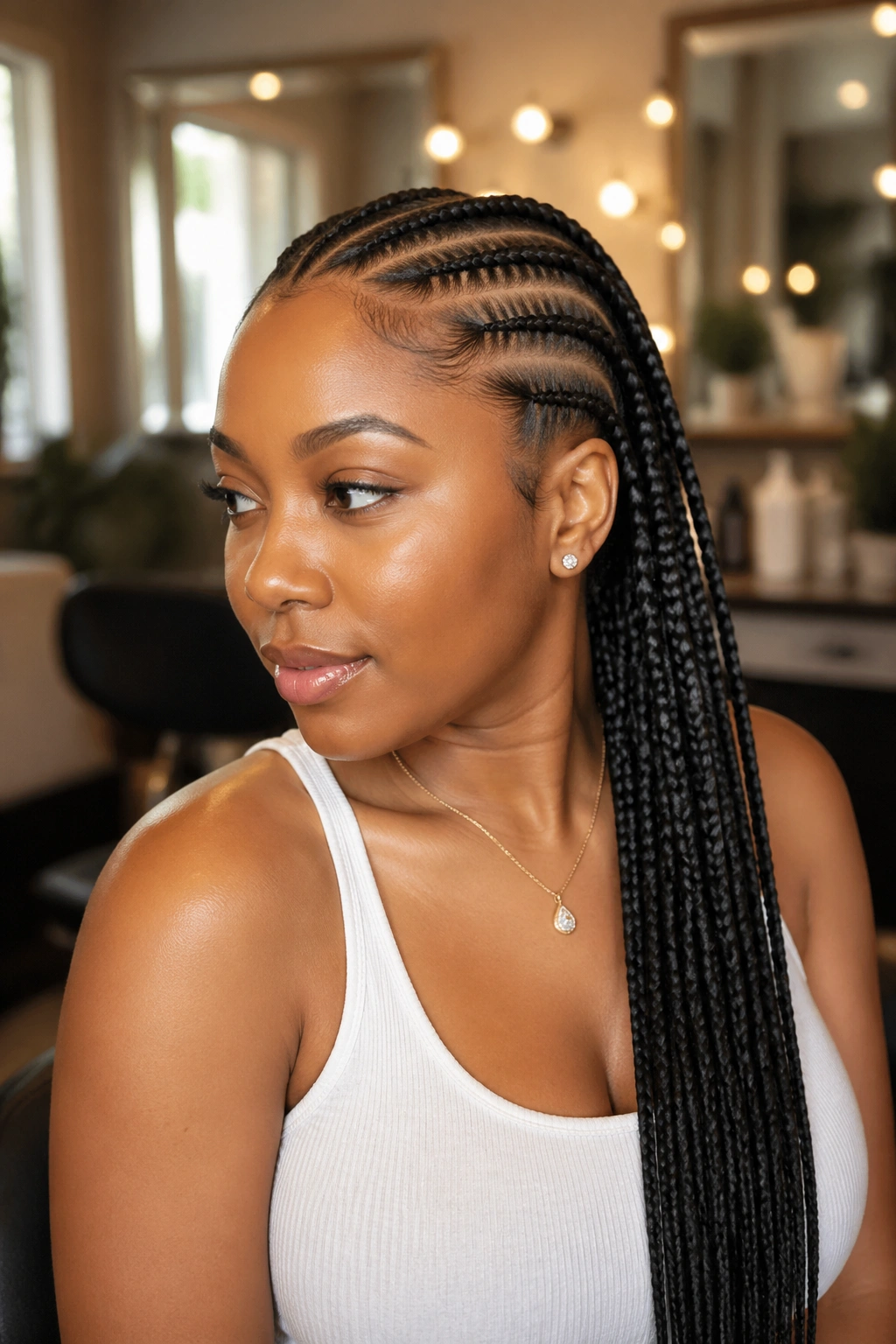 Close-up of a real woman with six thin Ghana cornrows and long ends