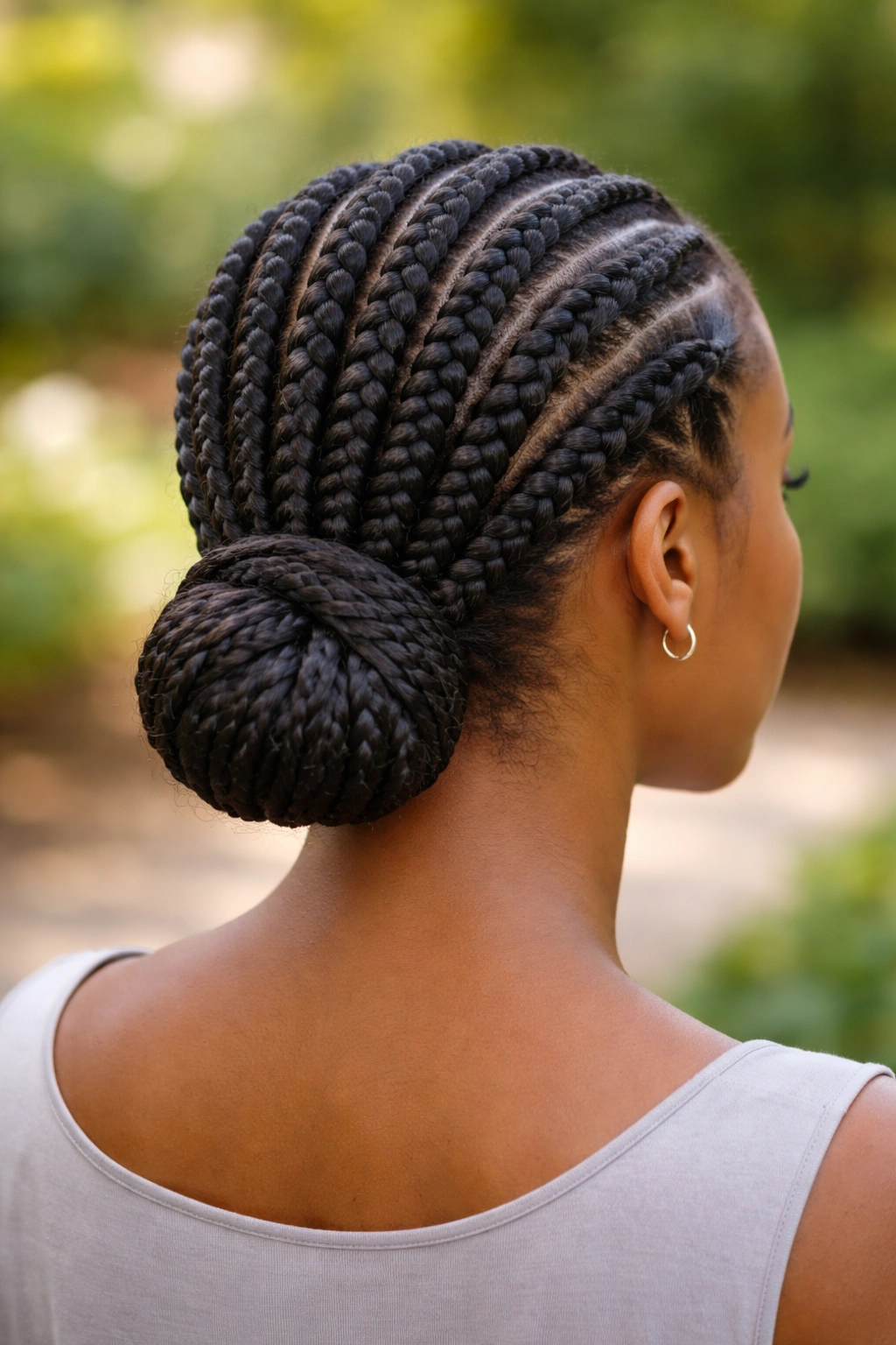 Back of head showing eight Ghana cornrows forming a low bun at the nape.