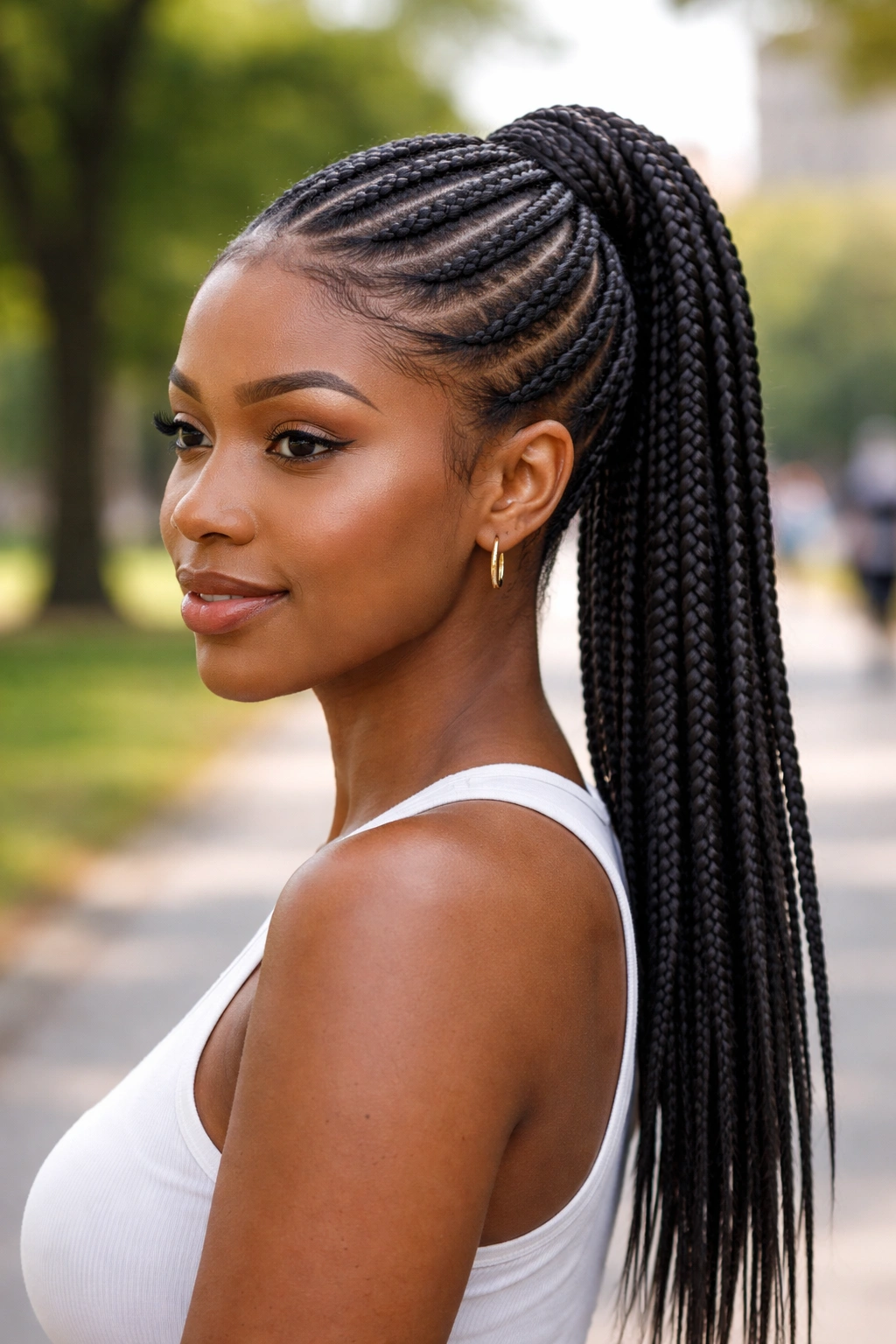 Close-up of a real woman with Ghana cornrows gathered into a ponytail finish.