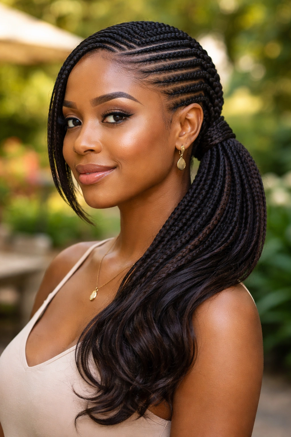 Close-up of a woman with side-pony Ghana cornrows in outdoor light