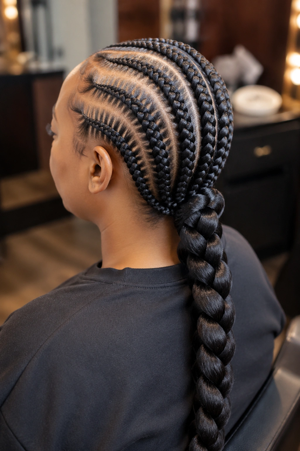 Close-up back view of a real woman with a single thick back braid created from three equal sections.