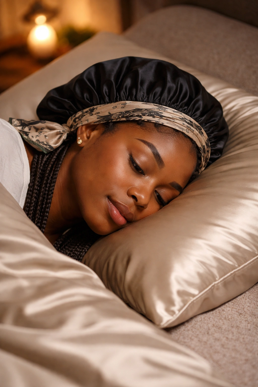 Head wearing satin bonnet on silk pillow for sleep protection