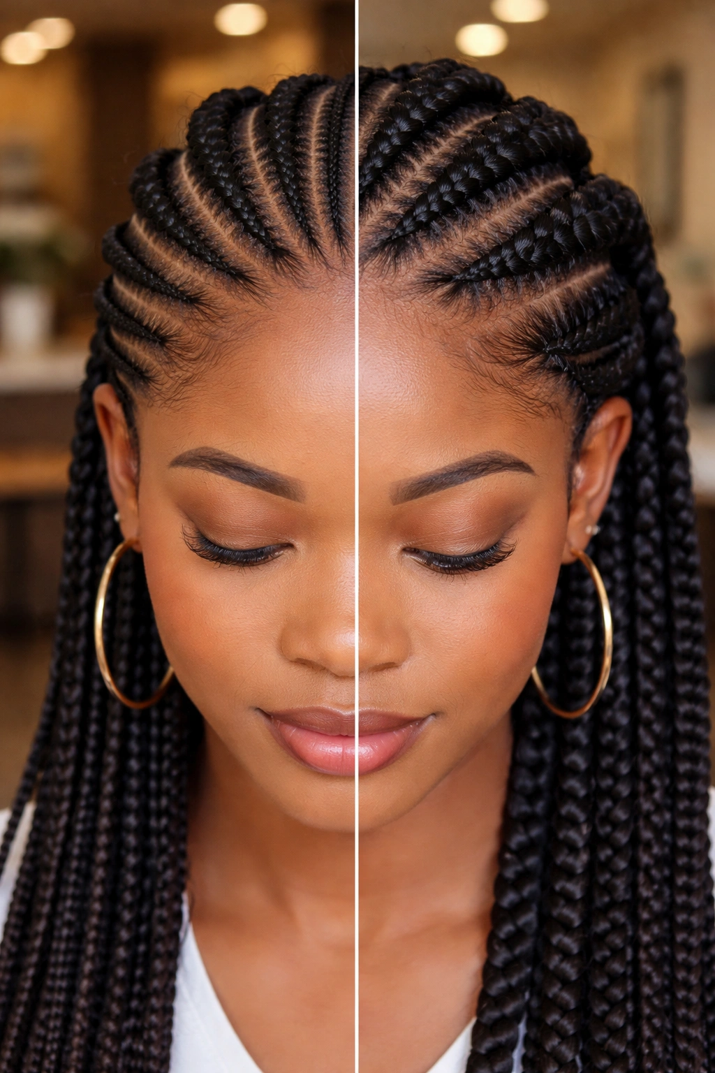 Real person with both Ghana cornrows and standard cornrows highlighting differences in thickness