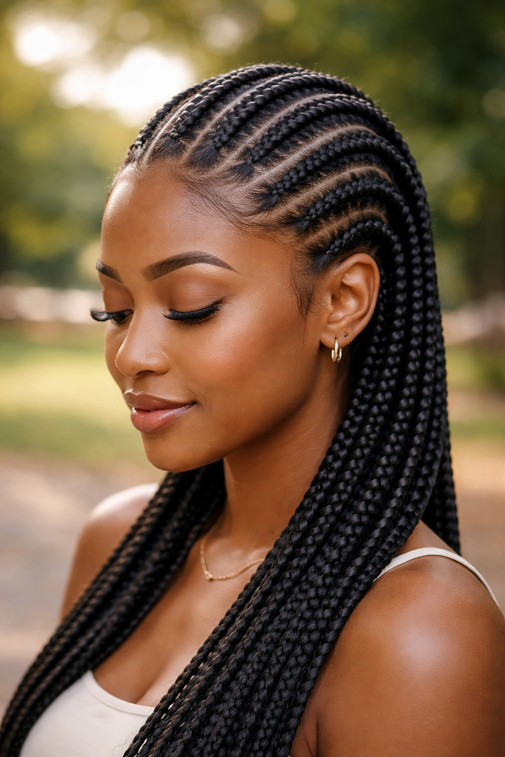 Close-up of a real woman's Ghana cornrows with stitched horizontal ridges