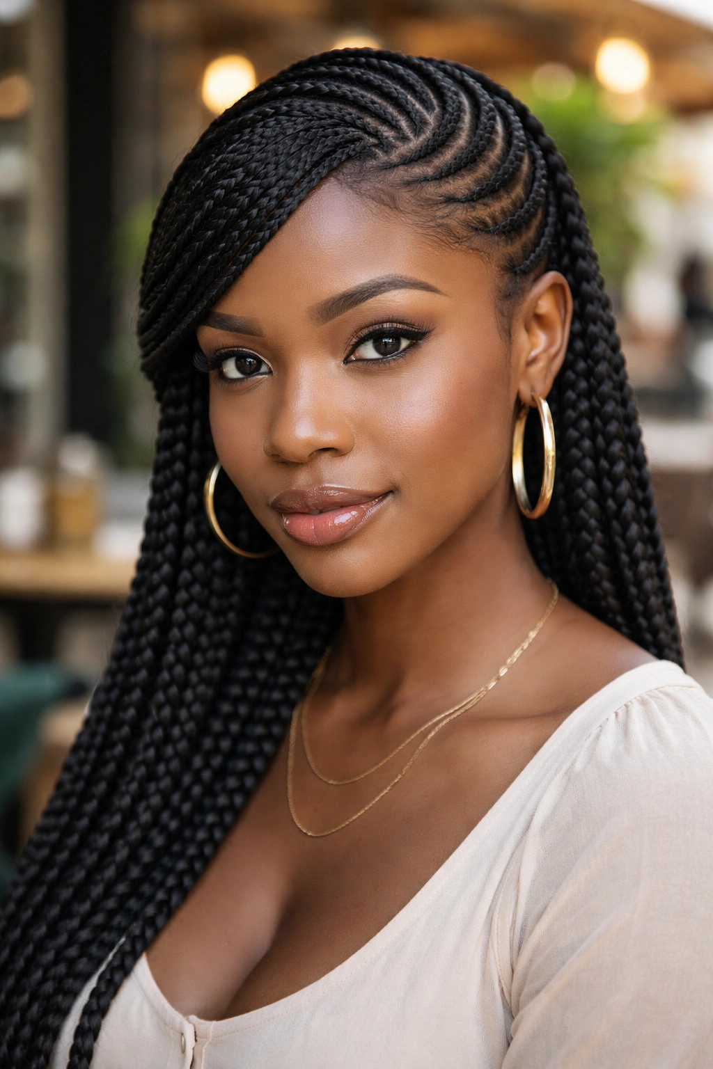 Close-up of a real woman's head with a swoop of hair across the forehead into Ghana cornrows