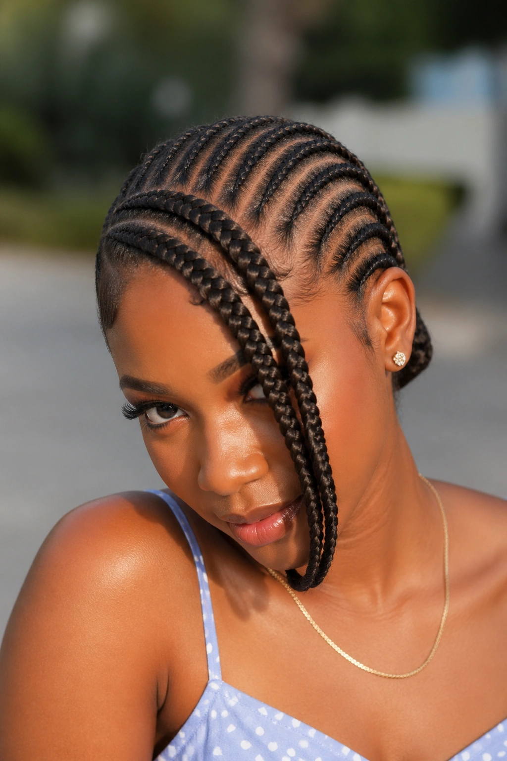Close-up portrait of a real woman with a swooping front Ghana cornrow over one eye.