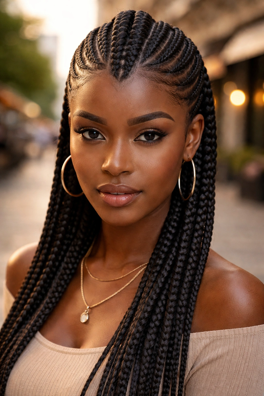 Close-up of a real woman's head showing a thick central middle braid in Ghana cornrows