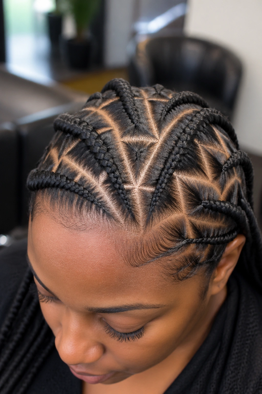 Front close-up of triangle-part Ghana cornrows on a real person.