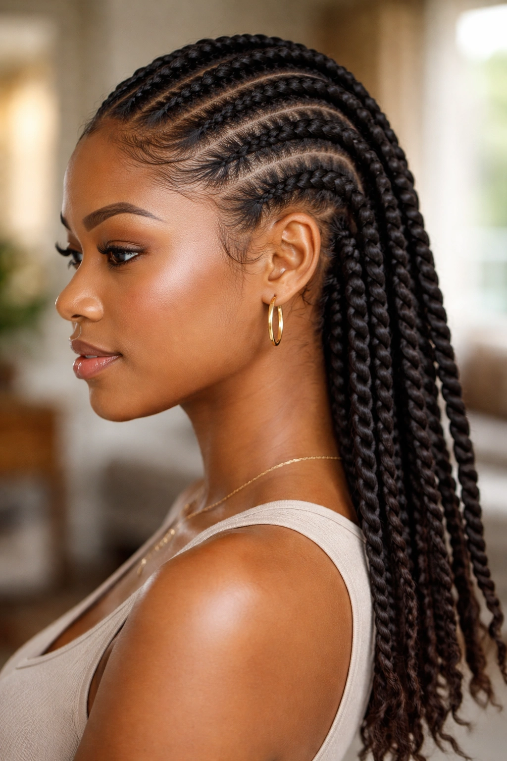 Portrait of Ghana cornrows ending in twists