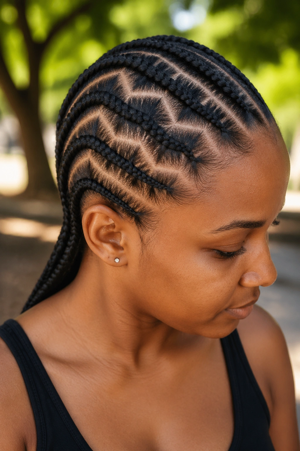 Close-up of a real woman with zigzag-part Ghana cornrows in an outdoor courtyard