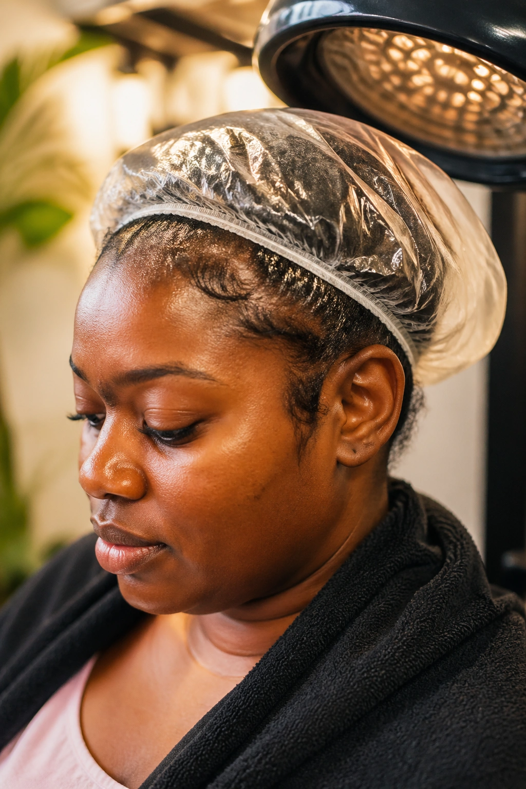 Real person with conditioning cap during prep for Ghana cornrows in a salon