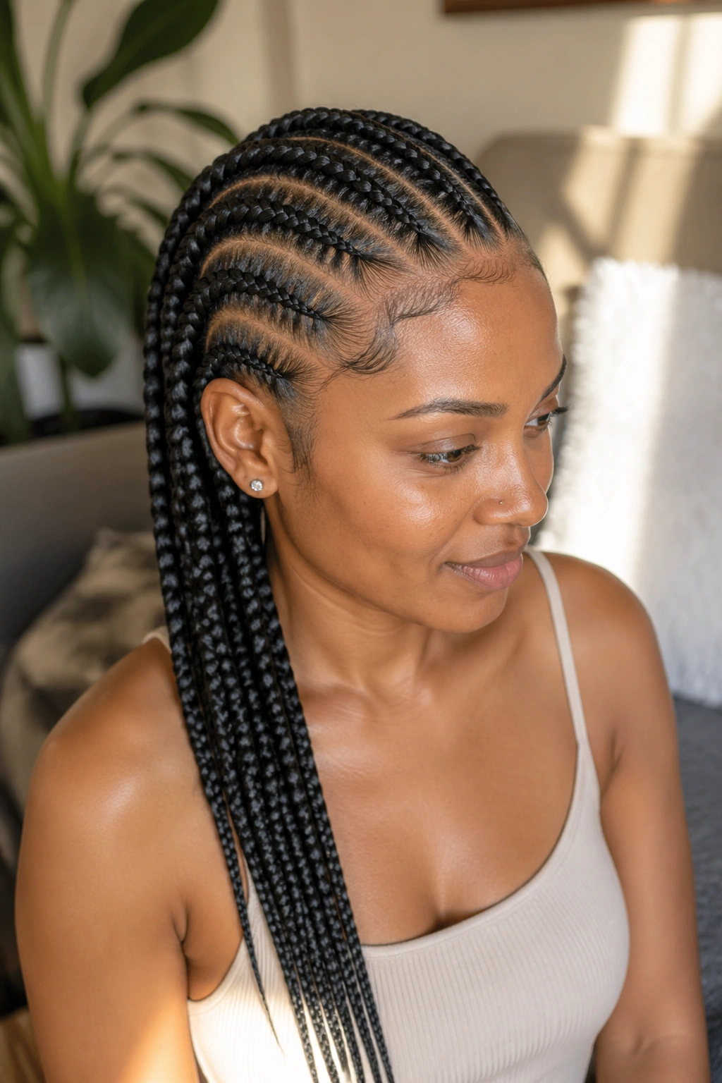 Close-up portrait of a real woman with Ghana tapered feed-ins