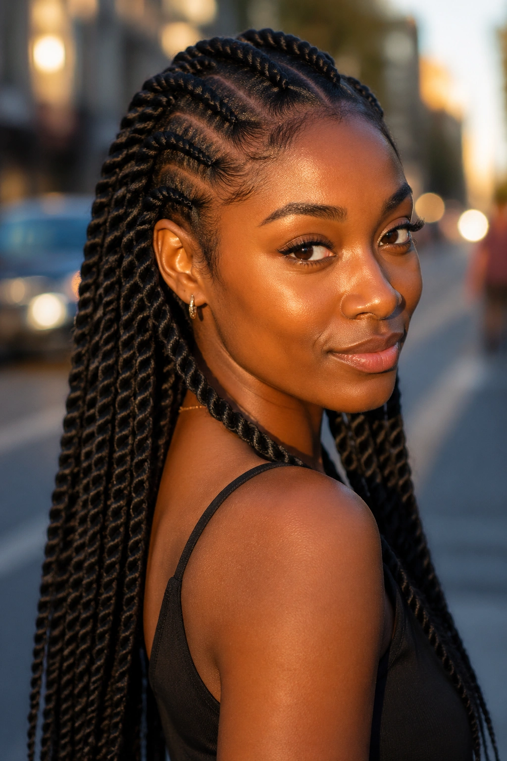 Close-up of real woman with Ghana twists showing on-scalp cornrows and hanging twists.