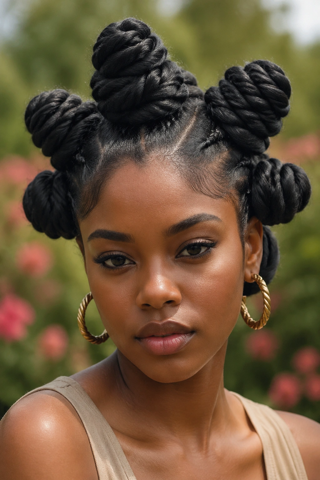 Real woman with oversized bantu knots arranged in a crown