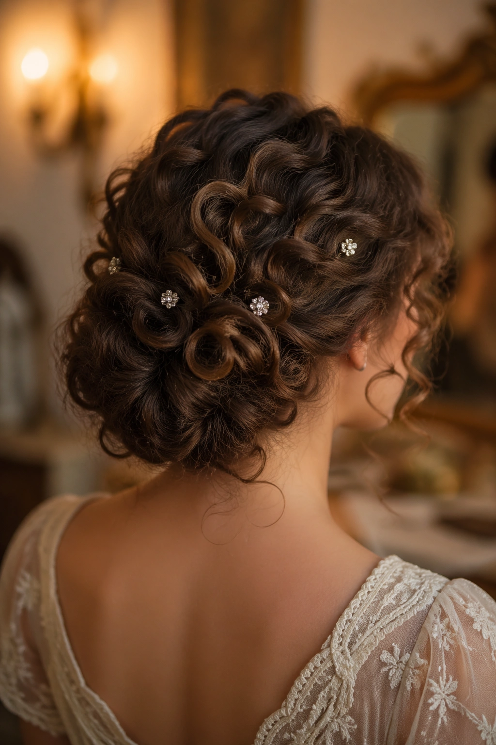 Close-up of a real person with Gibson tuck and crystal pins at the back