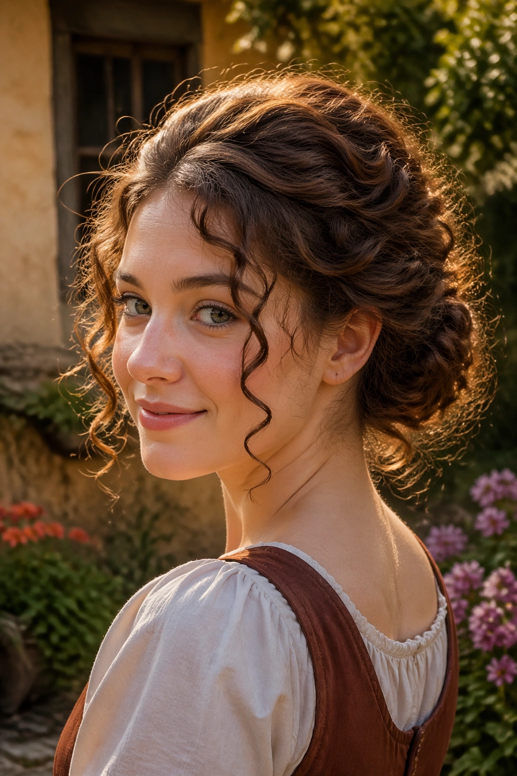 Close-up of a real person with a Gibson tuck and curling tendrils around the face in warm outdoor light