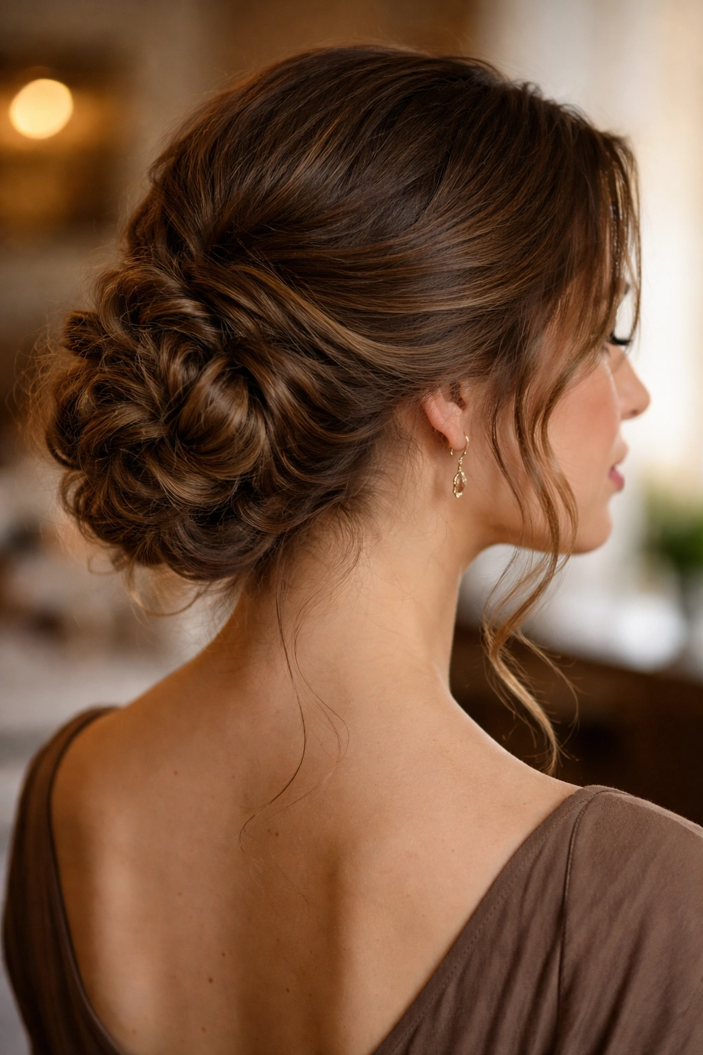 Close-up portrait of a real woman with a Gibson tuck at the nape