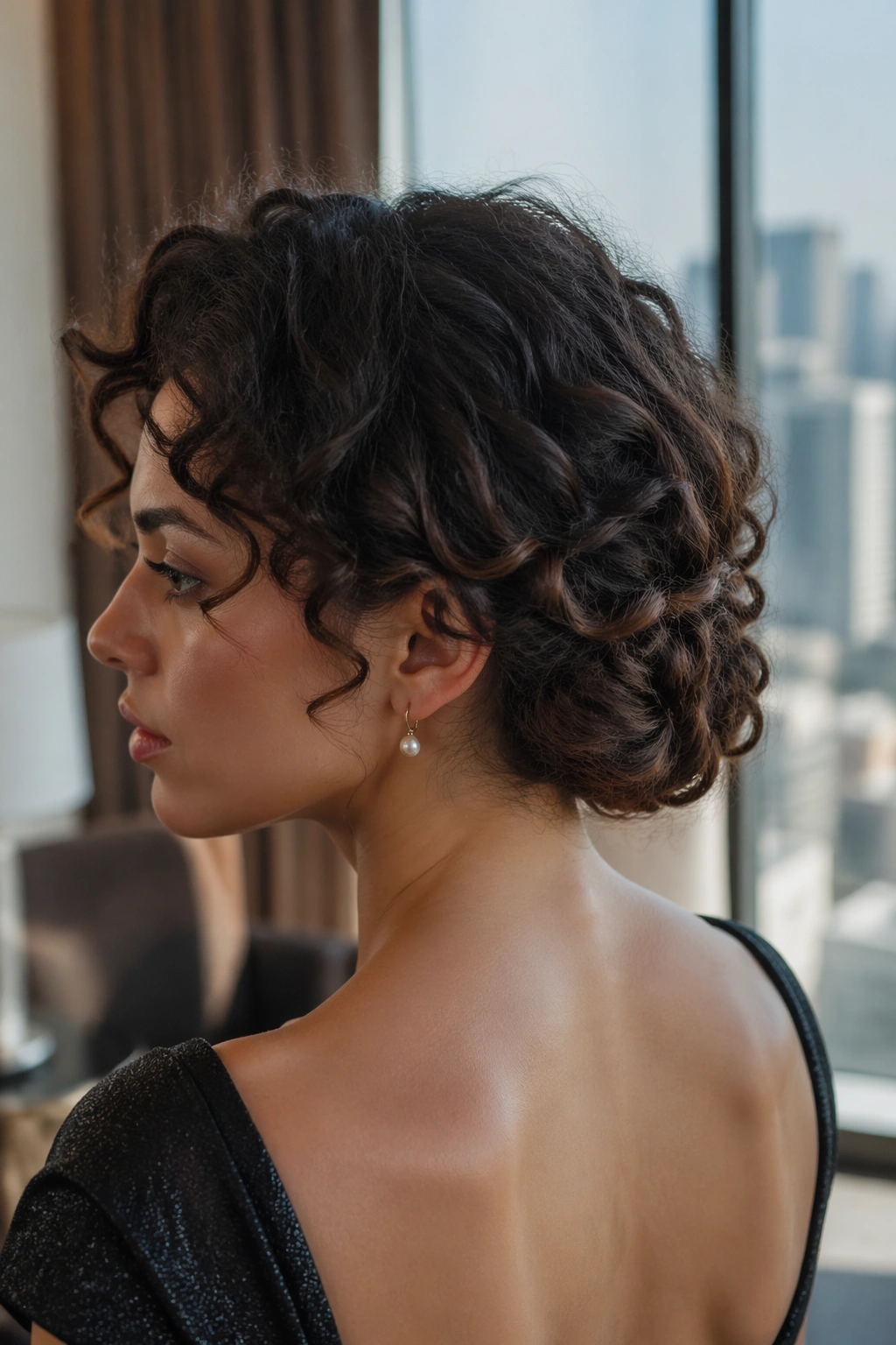Portrait of a real person with a Gibson tuck showing tucked curl ends