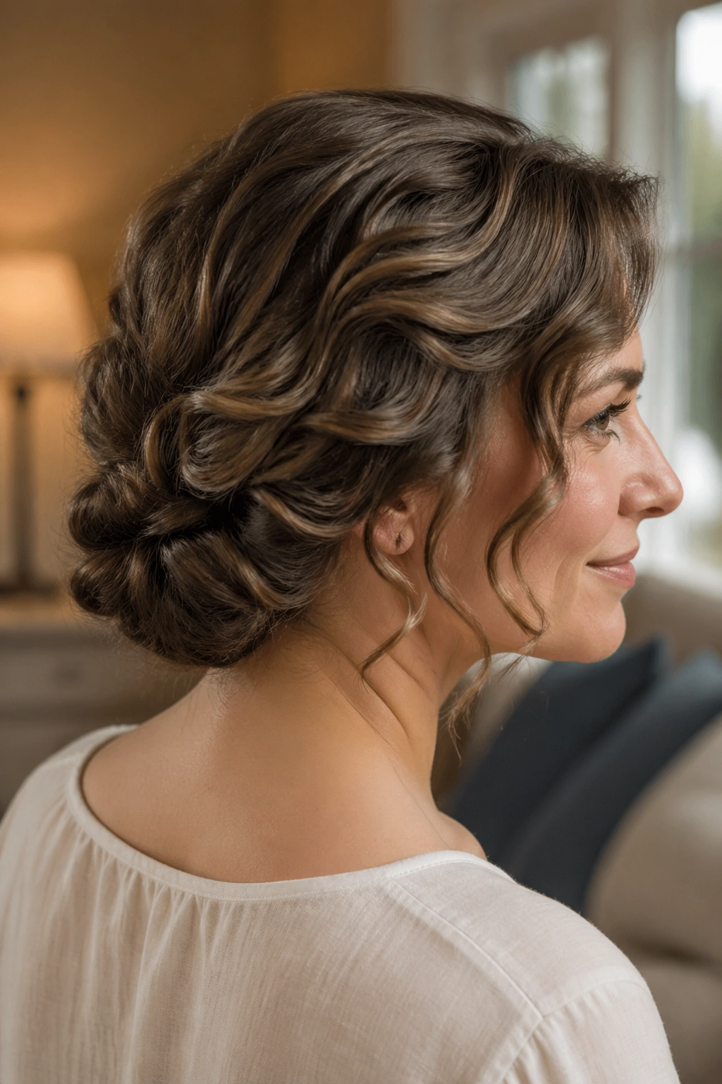 Close-up of a real woman with a wavy Gibson tuck at the nape
