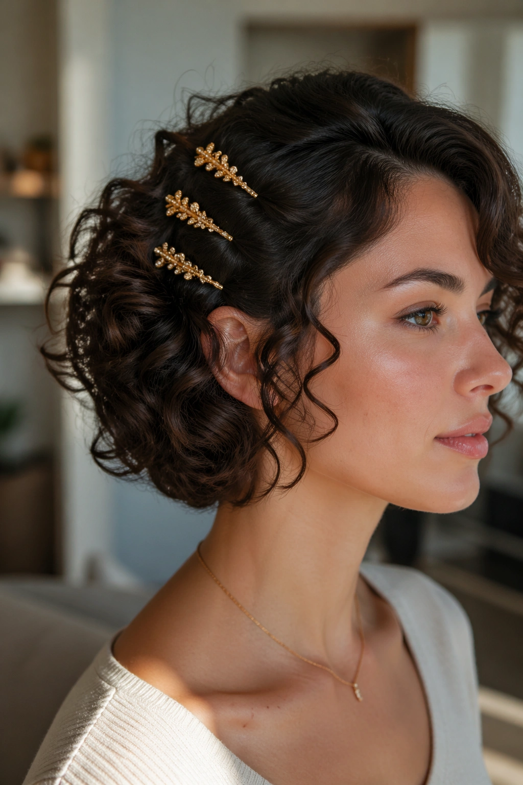 Close-up of real woman with curly bob and gilded clip cluster