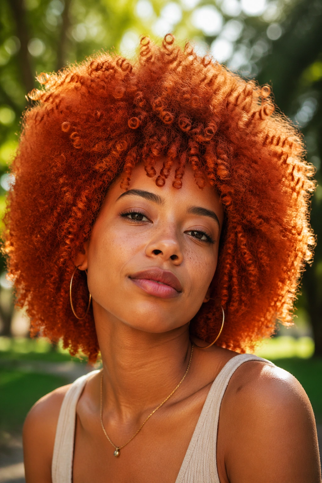 Woman with a bright ginger afro in a sunlit outdoor setting