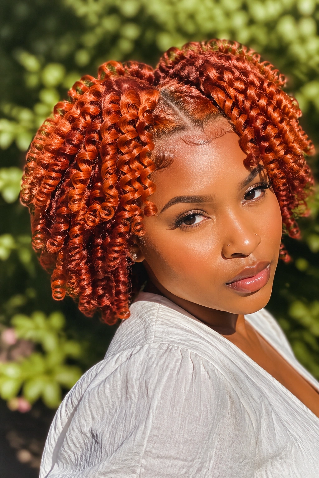 Medium close-up of a real woman with ginger knot-out coils.