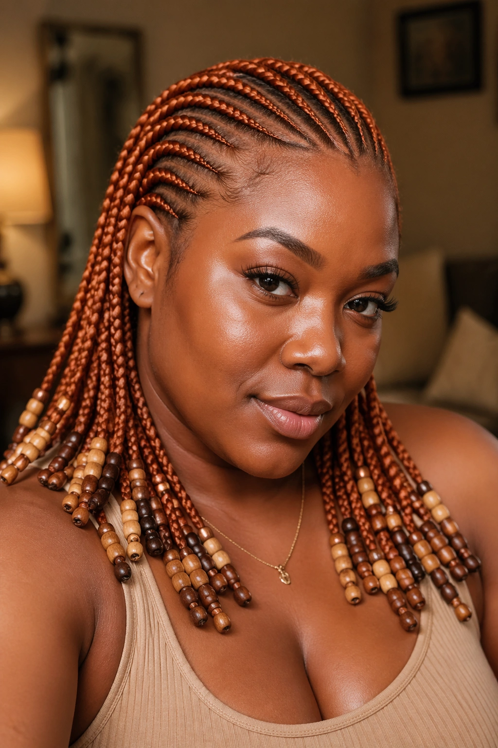 Ginger cornrows with beaded ends on a real woman