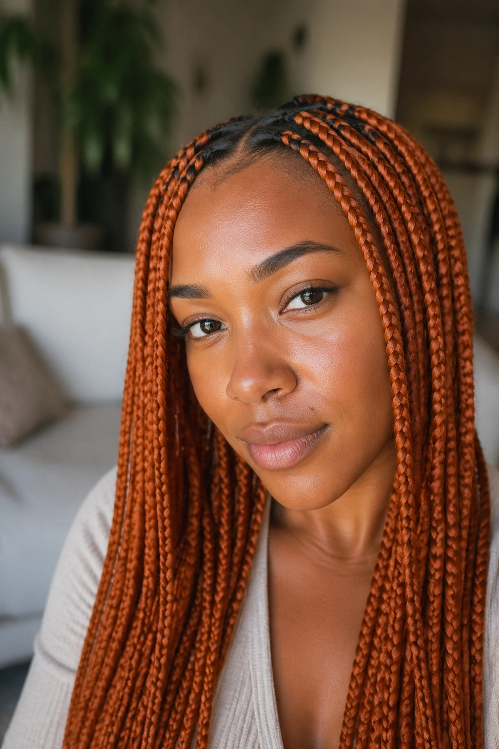 Portrait of a woman with ginger box braids filling the frame.