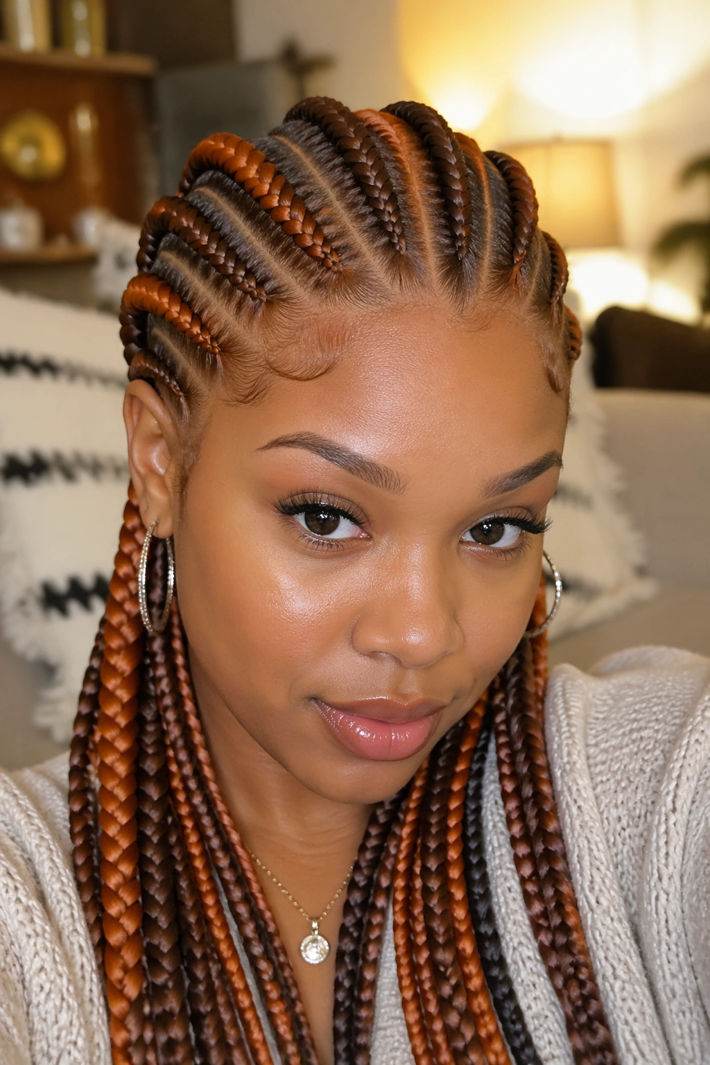 Close-up of ginger and brown two-tone cornrows on a real woman in a cozy indoor setting