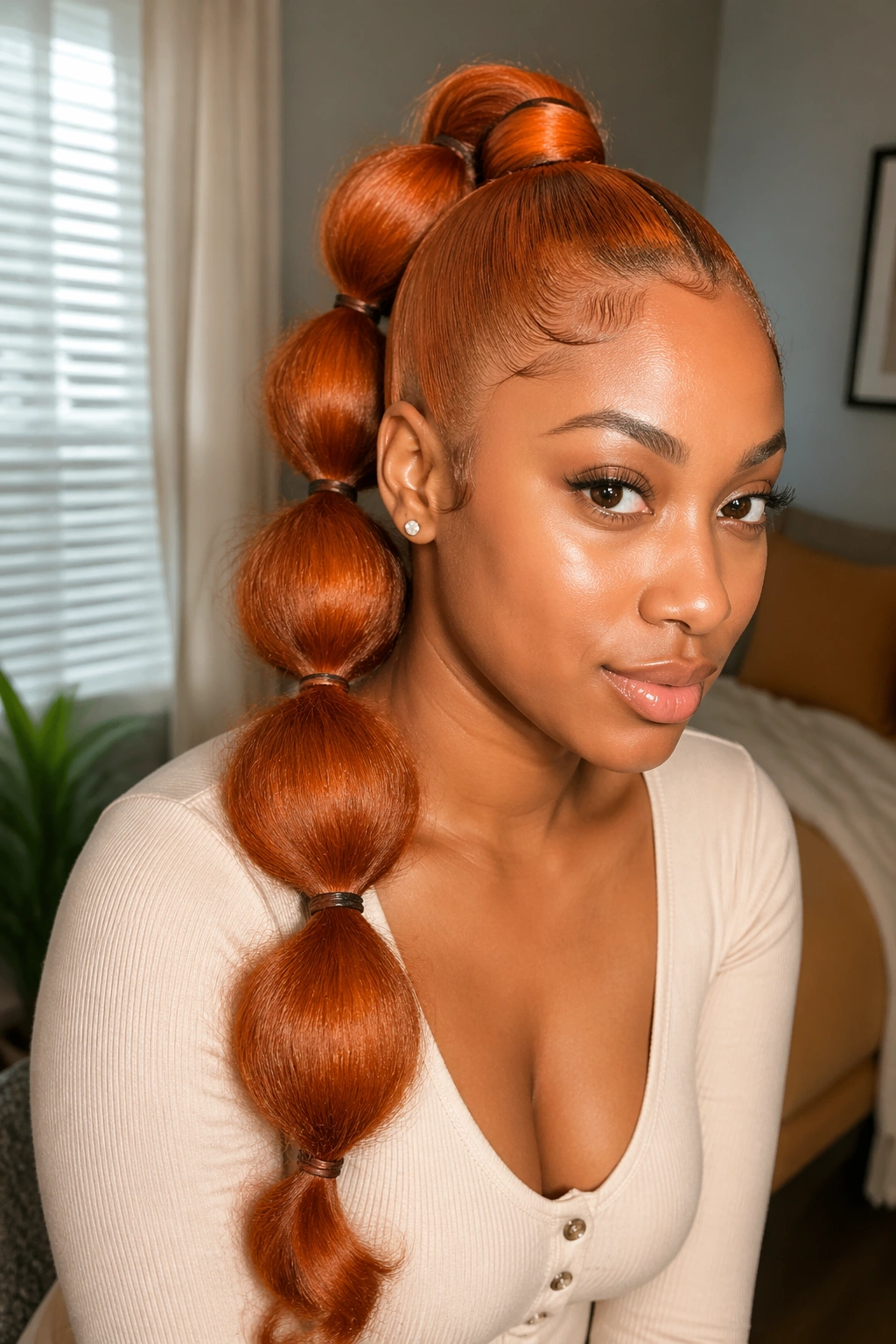 Close-up of a real woman with a bubble ginger ponytail showing segmented sections