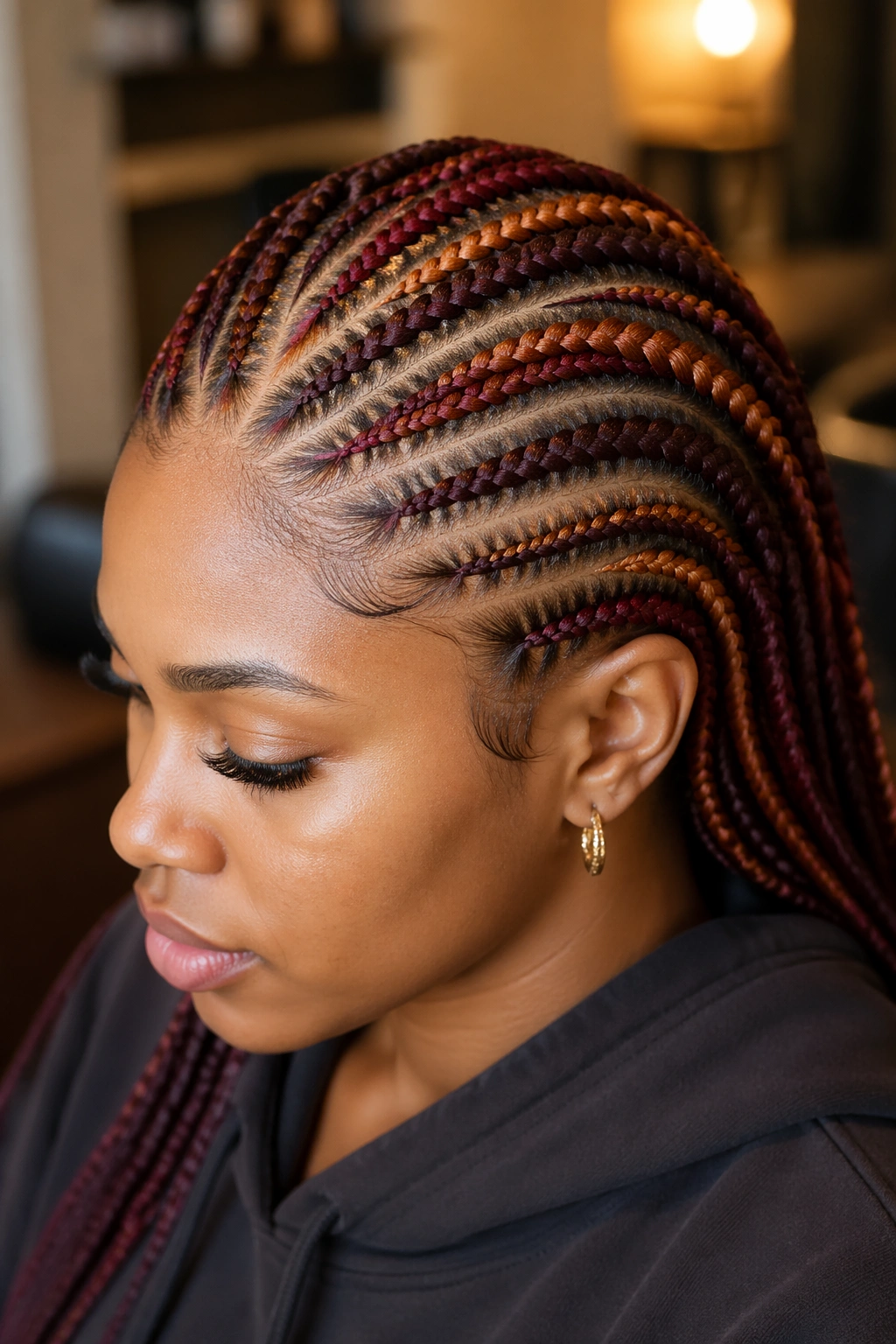 Close-up of a real woman with ginger and burgundy cornrows