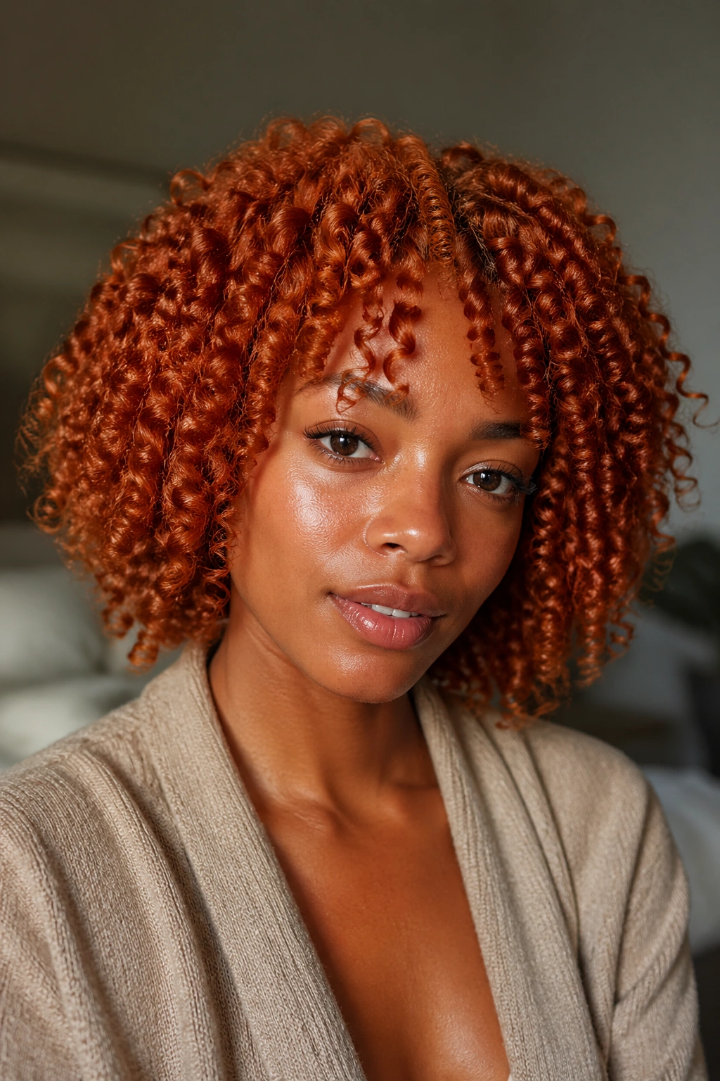 Close-up of a real woman with defined ginger coil-out in morning light