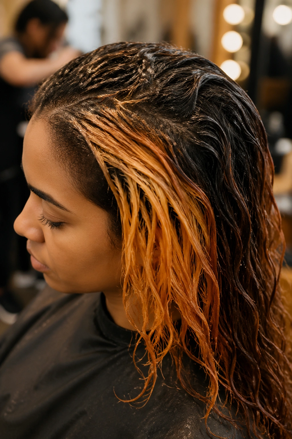 Close-up of hair showing orange-gold underlying pigment toward ginger in a salon setting