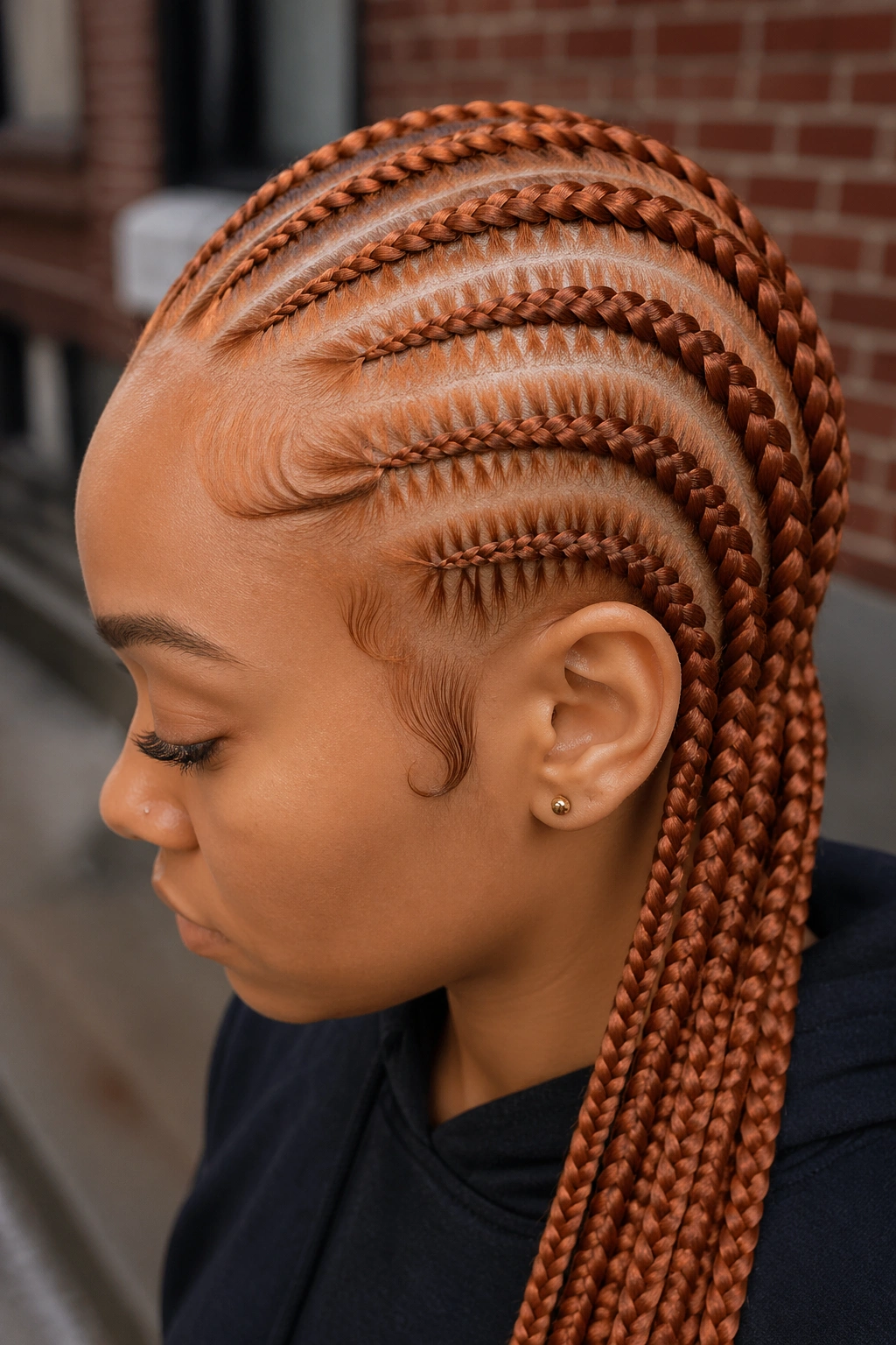 Person with ginger cornrows in an urban outdoor setting