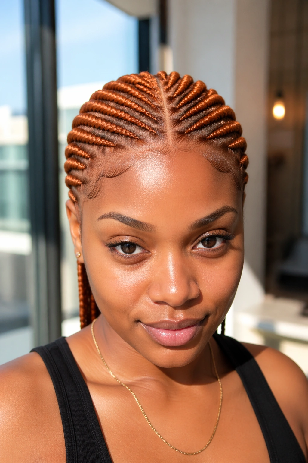 Portrait of a real woman with a center-part ginger cornrow pattern and exposed scalp line.
