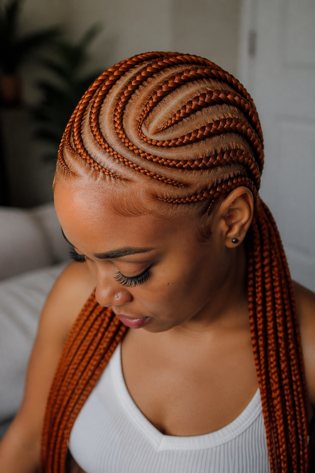 Close-up of ginger curved cornrows on a real woman
