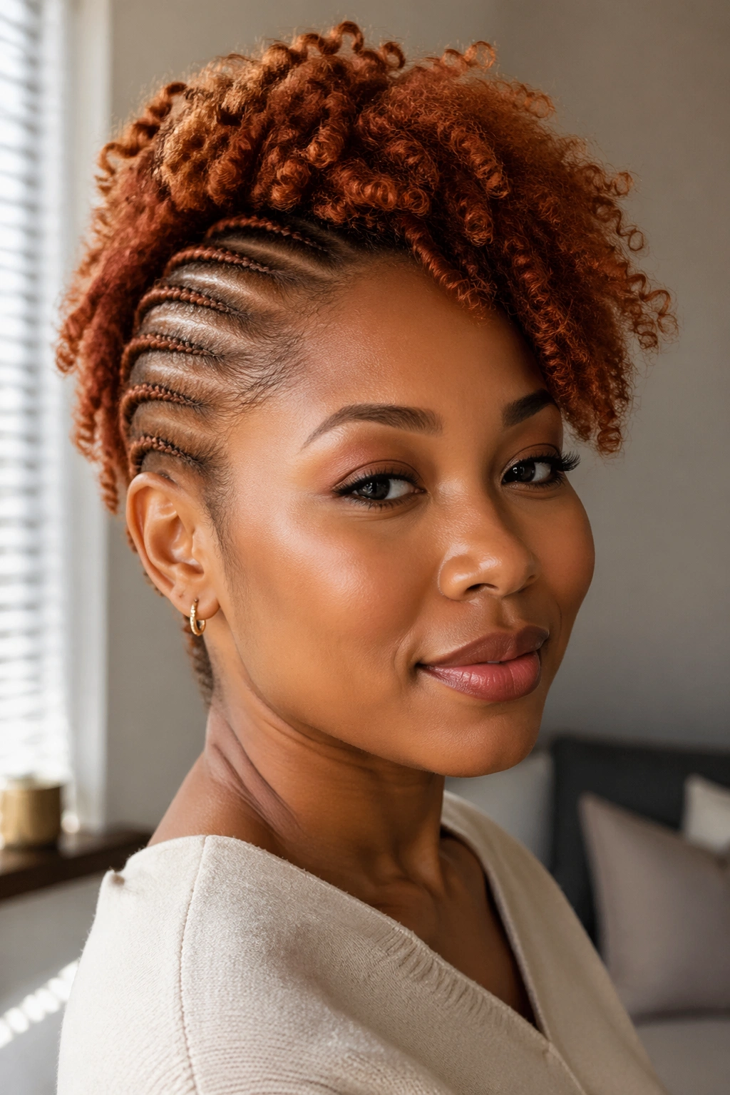 Close-up of ginger cornrows on the sides with a loose top on a real woman