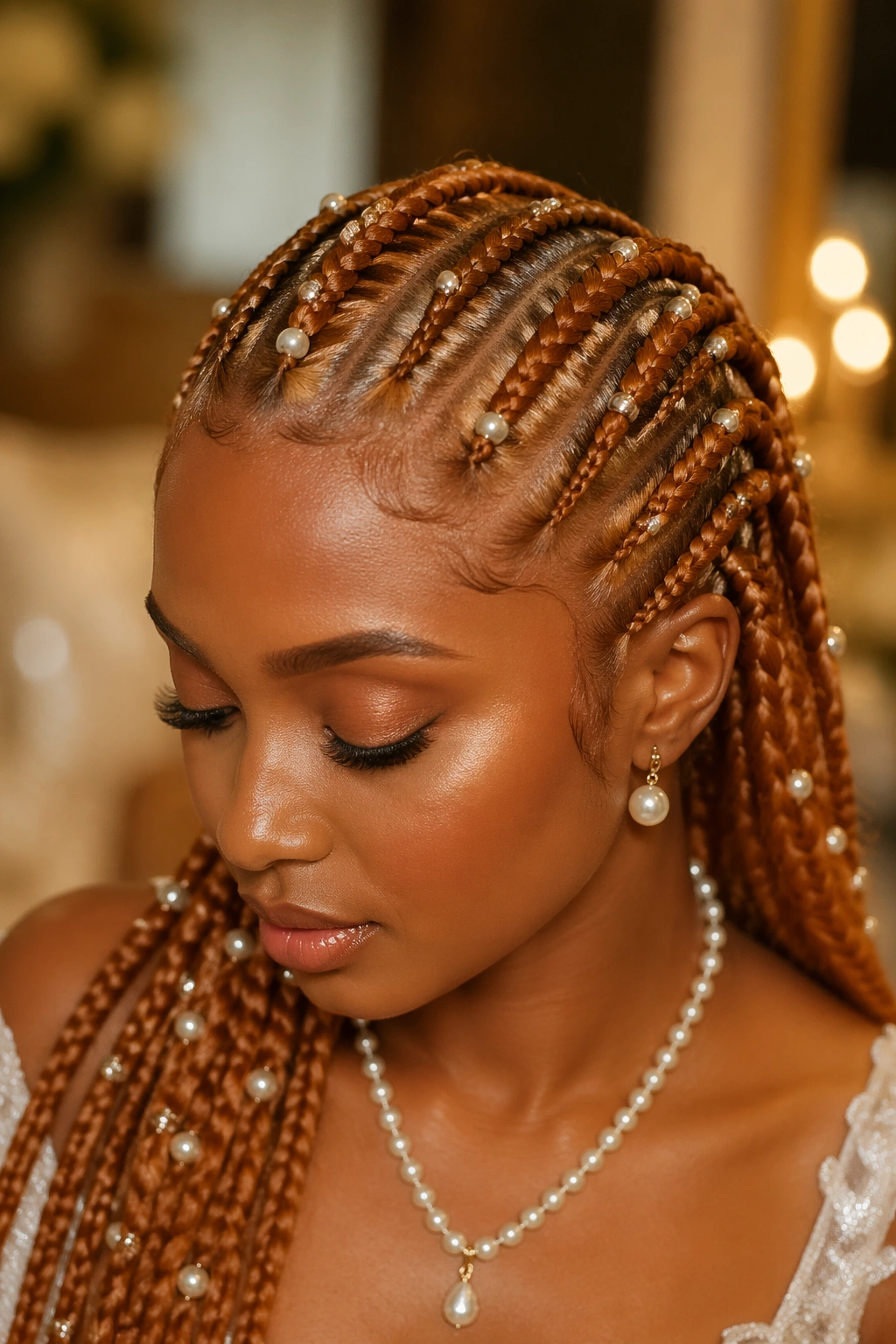 Close-up of a real woman with honey ginger cornrows and pearl bead accents.