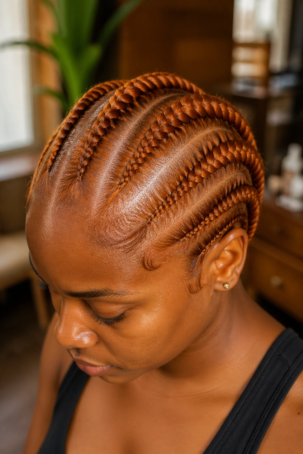 Close-up of a real person with ginger cornrows, vibrant warm hair color.