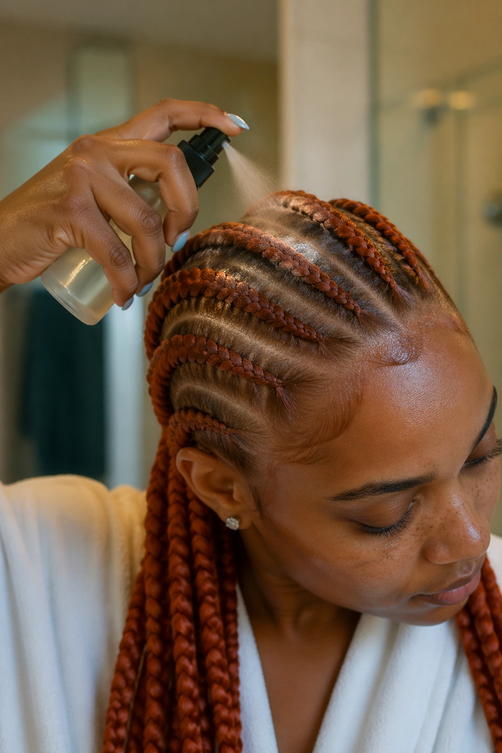 Close-up of a real person with ginger cornrows being sprayed on the scalp