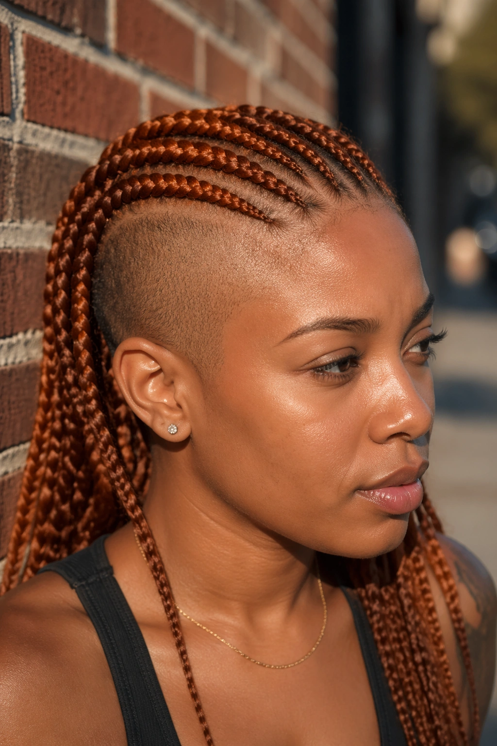 Close-up of a real woman with a shaved side and ginger cornrows on an urban street background.