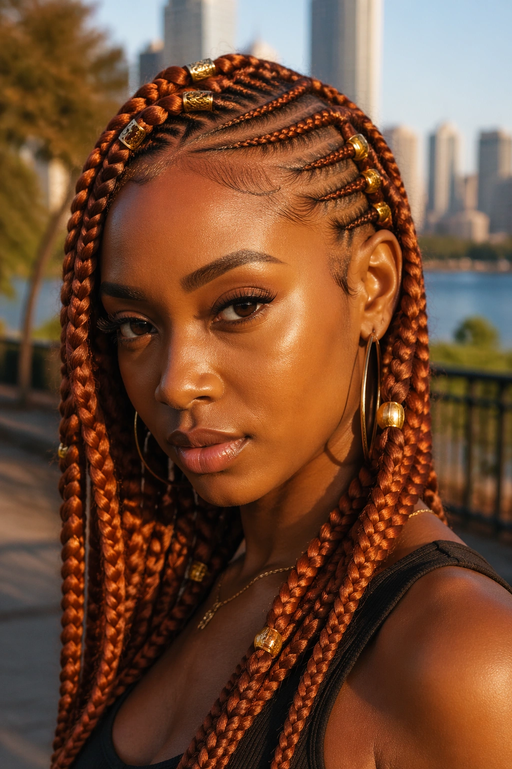 Close-up of a real woman showing ginger tribal cornrows with mixed braid sizes in a park at golden hour.