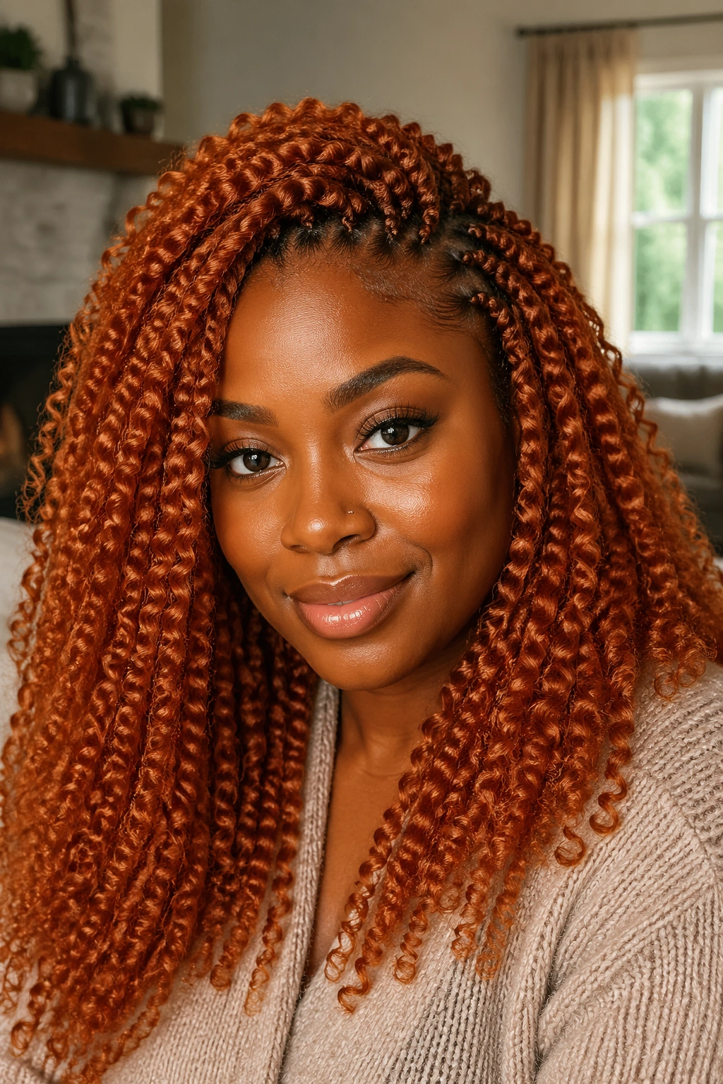 Real woman wearing ginger crochet braids with curly extensions