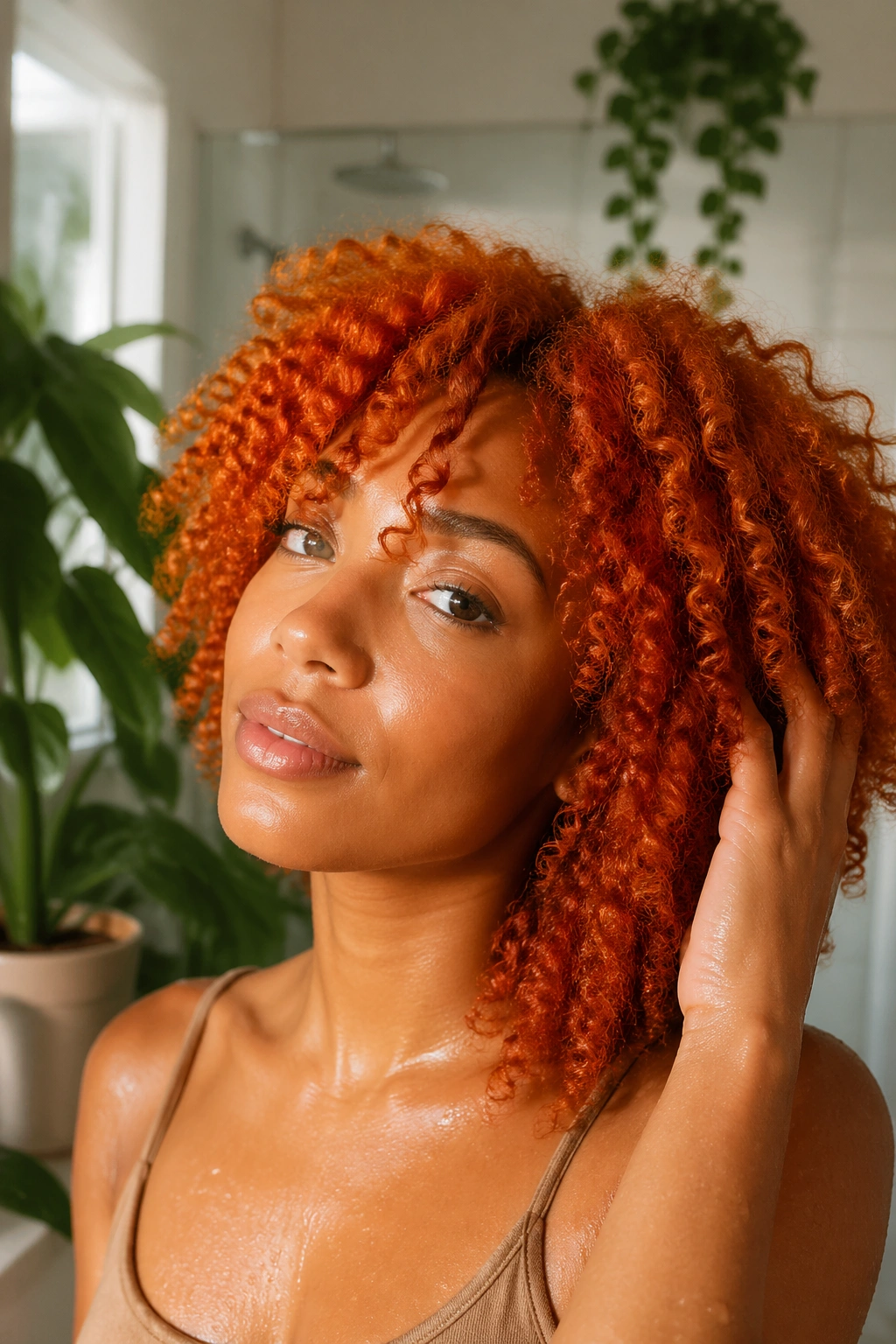 Close-up of a woman with ginger curls in a sunlit bathroom
