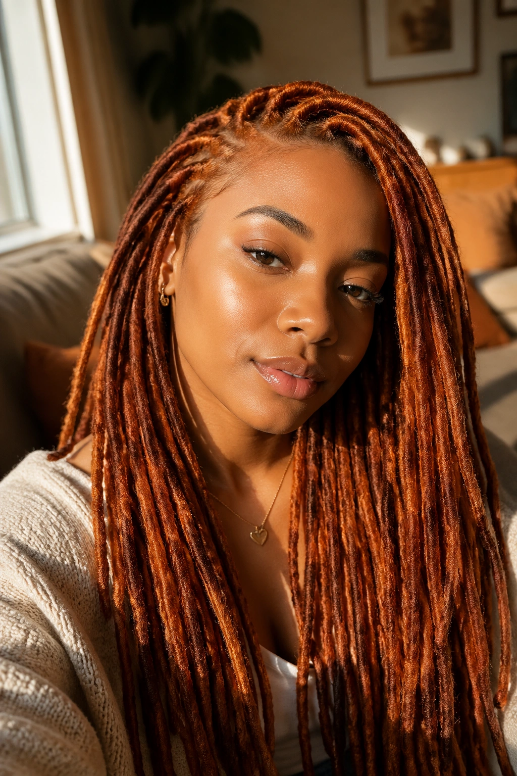 Close-up of a real woman with long ginger faux locs in a sunlit living room