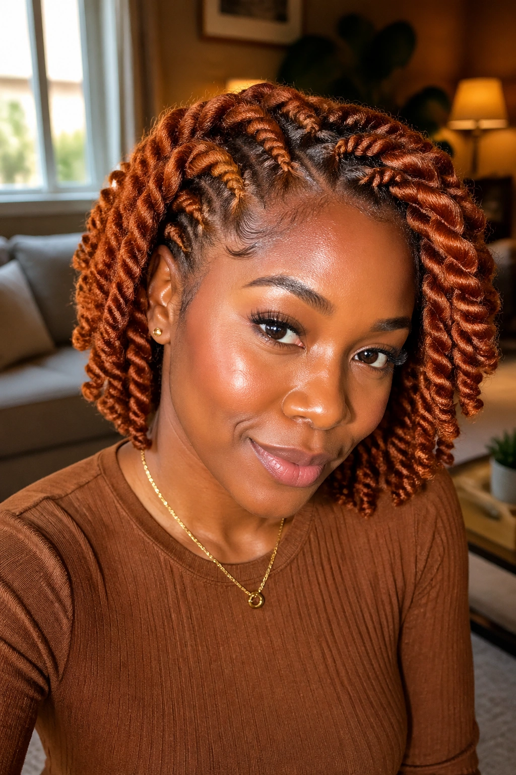 Real woman with ginger flat twist-out showing defined waves