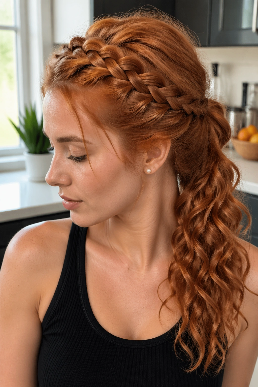 Close-up of ginger French braid into ponytail on a real woman